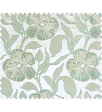 Large aqua blue green beige leaf and big flower with embossed look on cream shiny fabric main curtain